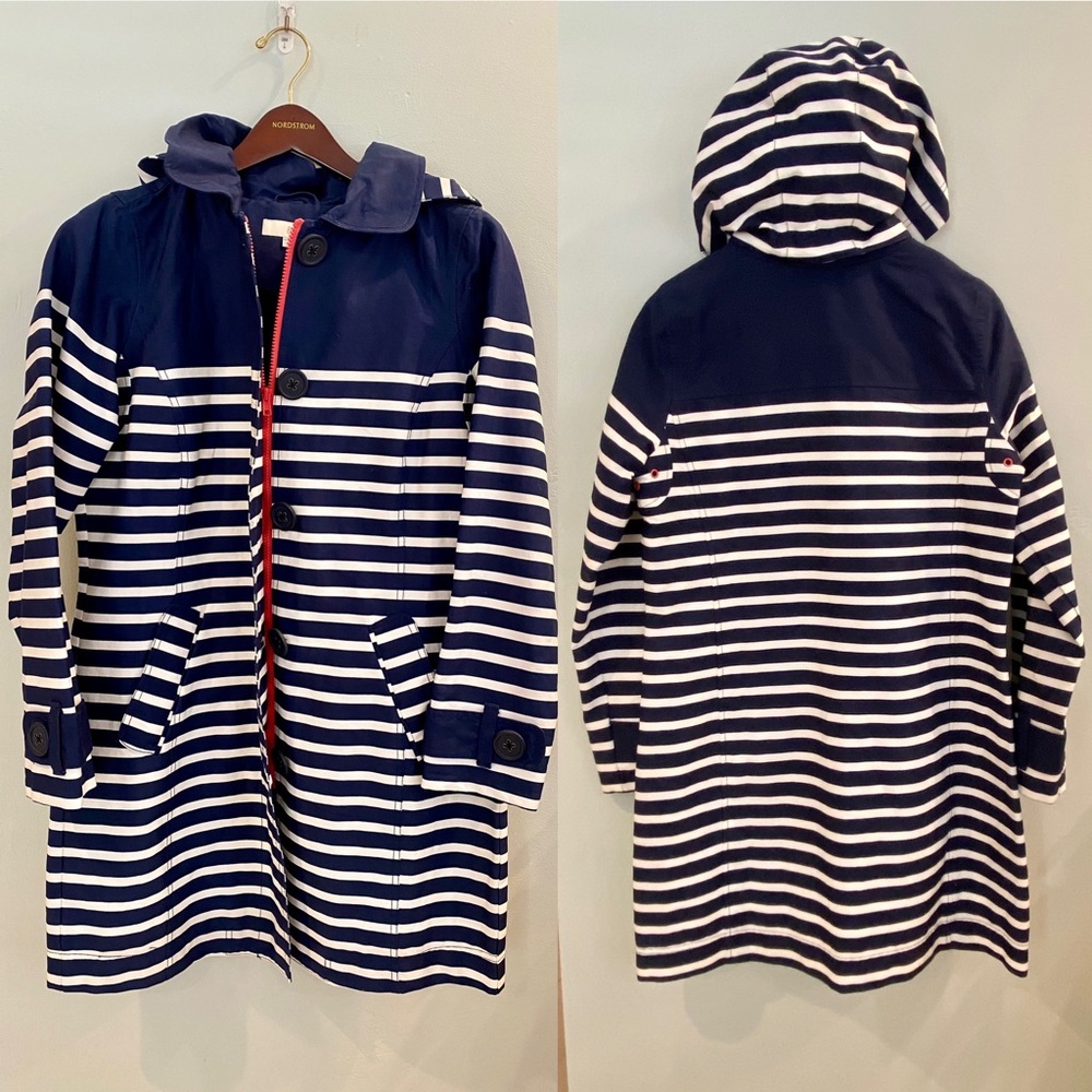 Boden Navy & White Striped Raincoat with detachable hood & pink zipper